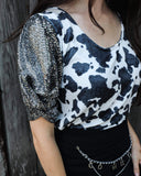 Raelynn Black Cow Print Sequin Top - The Lace Cactus