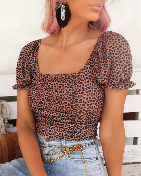 "KC" Warm Taupe Leopard Shirred Crop Top Size: S