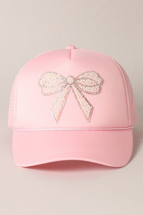 Pink & Pearls Rhinestone Bow Patch  Trucker Hat