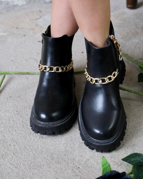 Black Chunky Gold Ankle Chain Boots - The Lace Cactus