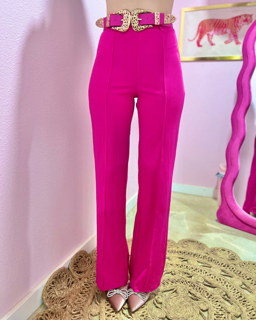 Fuchsia Double Belt Pin-tuck Pants