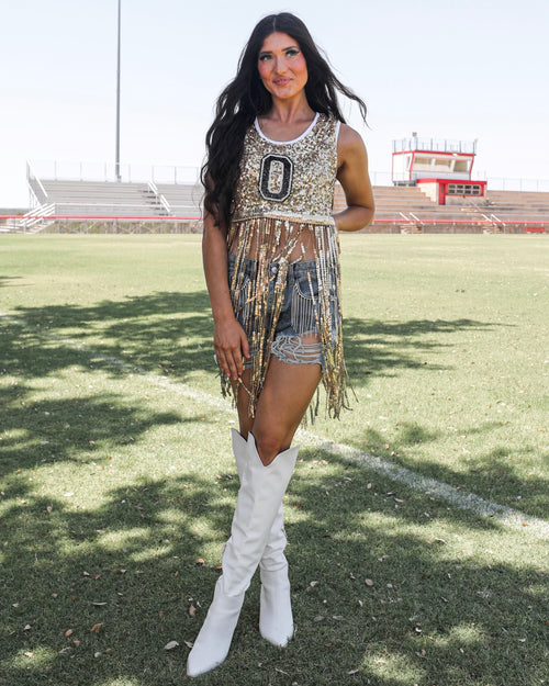 Gold Varsity Sequin Fringe Top - The Lace Cactus