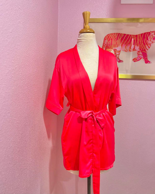 Hot Coral Silky Short Robe