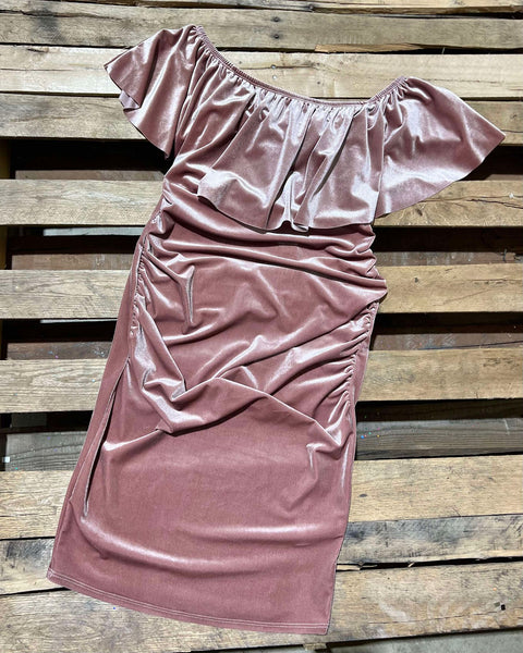 Mauve Velvet Off-Shoulder Ruched Maternity Dress