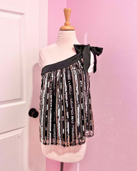 Black Sequin One Shoulder Tie Detail Top