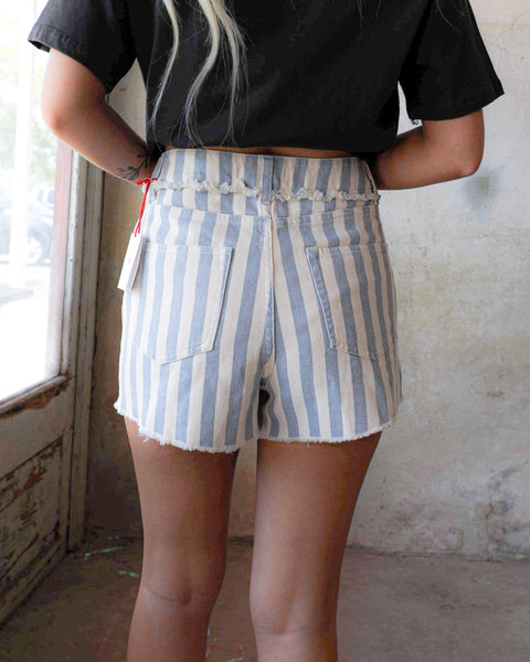 “KC” White & Light Blue Stripped Shorts Size: SM - The Lace Cactus