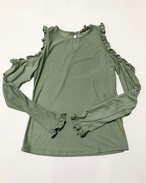 "KC" Sage Green Cold Shoulder Ruffled Top Size:SM