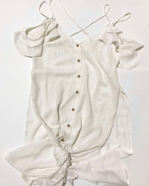 "KC"White Button Up Cold Shoulder Top: SM