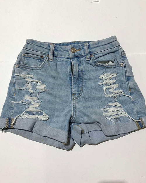 "KC" American Eagle Embroidered Distressed Cuffed Denim Shorts: 00