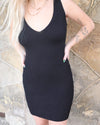 “KC” Black Ribbed V-Neckline Dress - The Lace Cactus