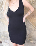 “KC” Black Ribbed V-Neckline Dress - The Lace Cactus