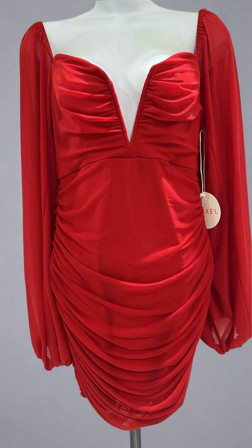 "KC" Red Ruched Sheer Sleeve Dress: Medium