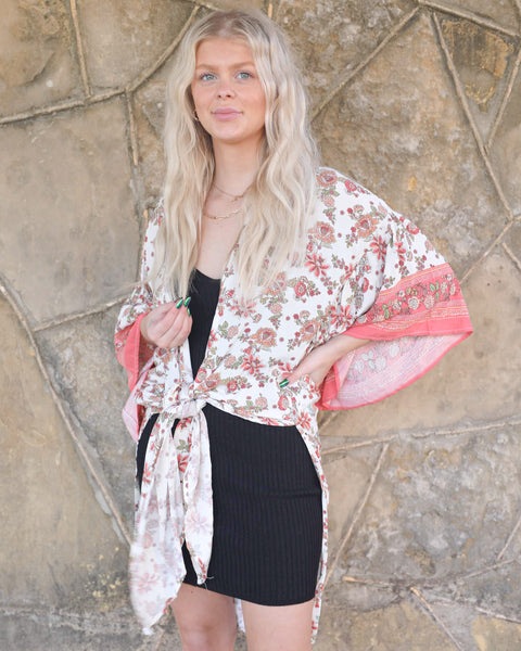 “KC” Cream & Coral Floral Kimono - The Lace Cactus