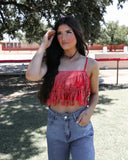 Brandi Red Metallic Fringe Crop Top - The Lace Cactus