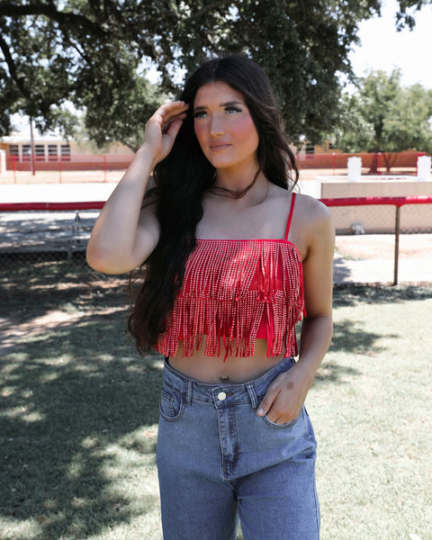 Brandi Red Metallic Fringe Crop Top - The Lace Cactus