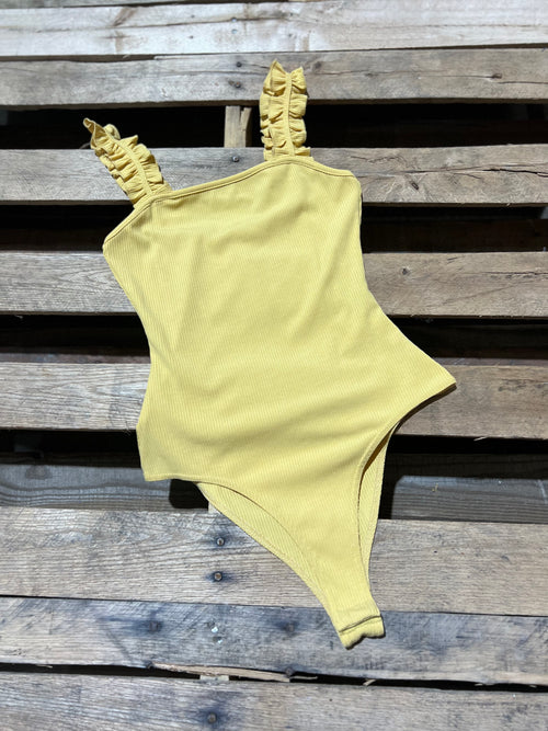 "KC" Mustard Ruffle Strap Bodysuit (Lelis) Size: S