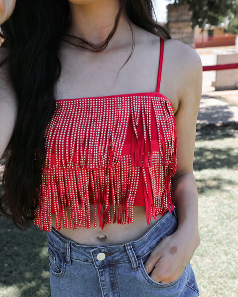 Brandi Red Metallic Fringe Crop Top - The Lace Cactus