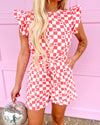 Coral Checkered & Heart Romper - The Lace Cactus