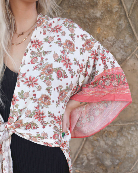 “KC” Cream & Coral Floral Kimono - The Lace Cactus