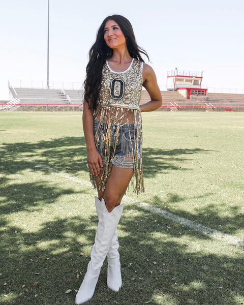 Gold Varsity Sequin Fringe Top - The Lace Cactus