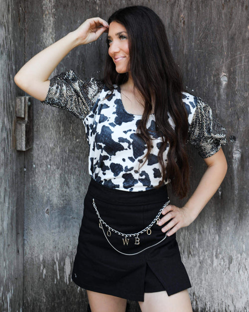 Raelynn Black Cow Print Sequin Top - The Lace Cactus