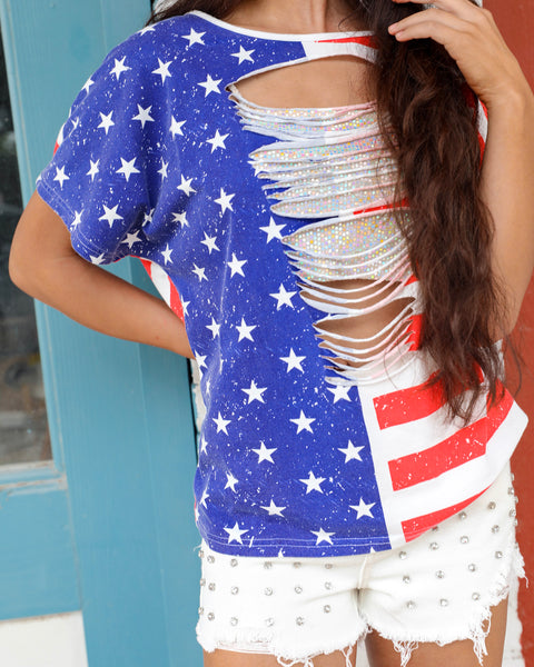 Vintage American Flag Distressed Front Top - The Lace Cactus