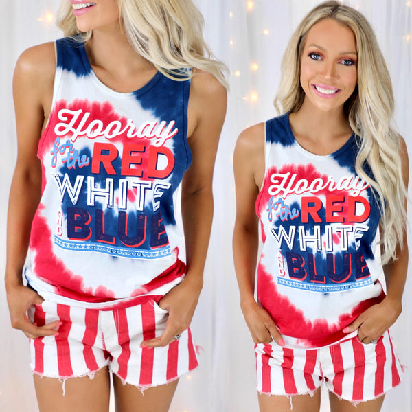 Red, White +Blue "Hooray" Tie-Dye Tank - The Lace Cactus