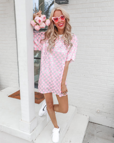 Paola Pink Checkered Sequin Tunic Dress - The Lace Cactus