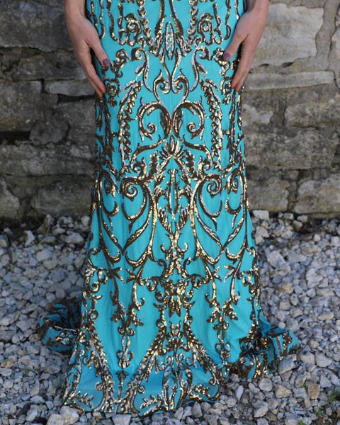 Turquoise + Gold Sequin Paisley Gown - The Lace Cactus