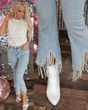 Light Wash Rhinestone Fringe Hem Jeans - The Lace Cactus