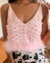 Seraphina Pink Geranium Feather and Pearl Tank Crop Top - The Lace Cactus